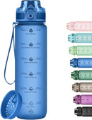 32oz Motivational Water Bottles with Time Marker & Fruit Strainer, Single Color Water Bottle with Times to Drink